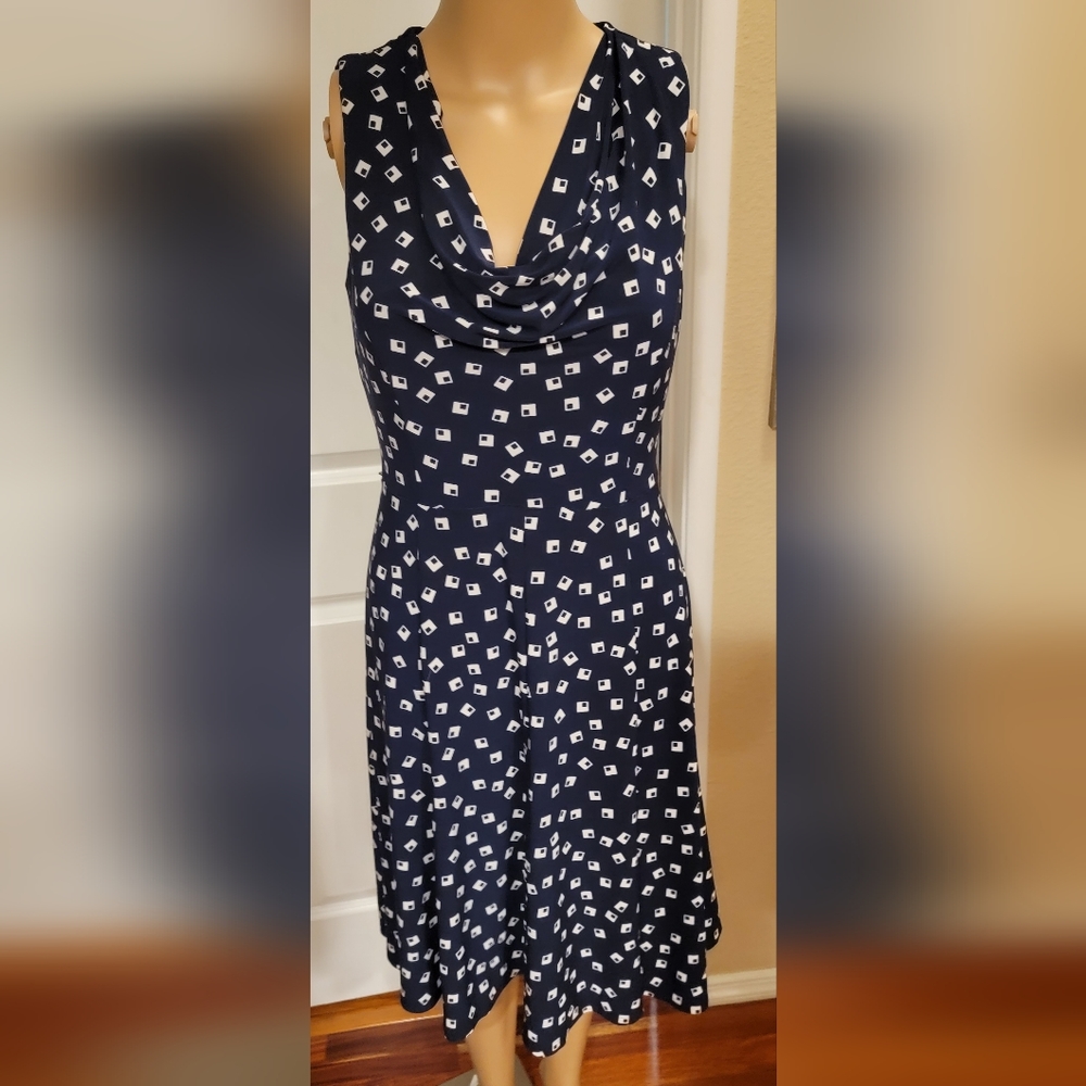 Lauren Ralph Lauren Dress Blue Spotted Sleeveless Cowl Neck Dress Size 2P
